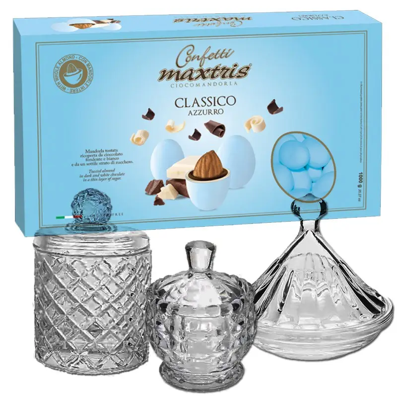 Confettata 3kg Maxtris Celeste per Nascita o Battesimo con portaconfetti in vetro