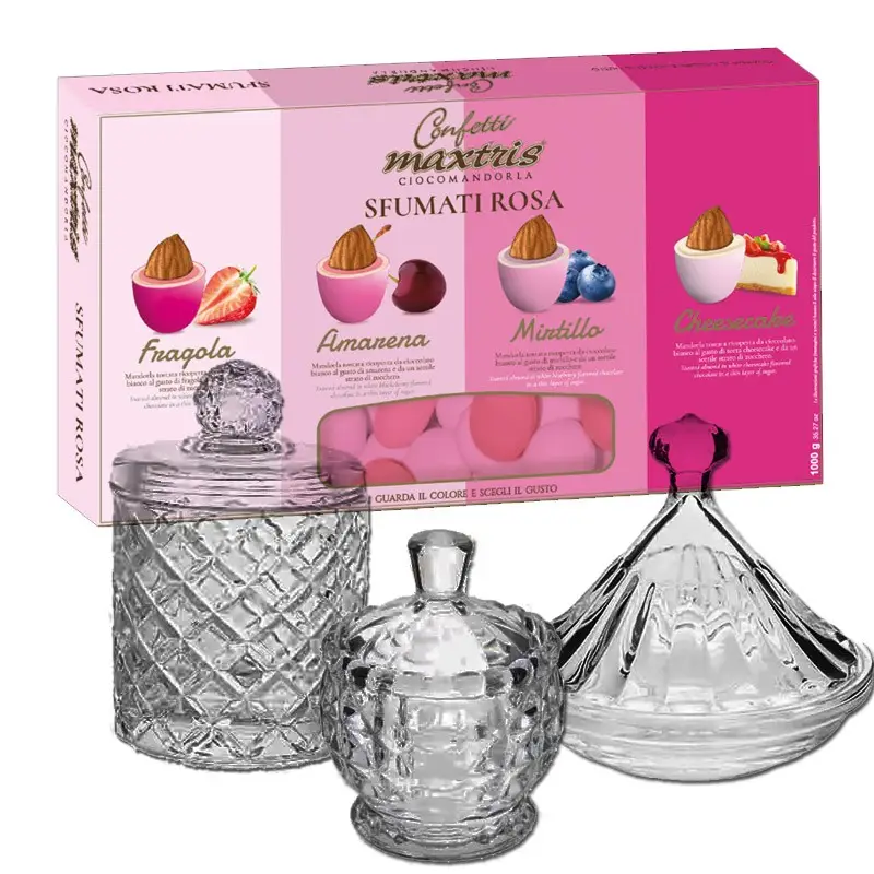 Confettata 3kg Maxtris Sfumati Rosa Per Nascita o Battesimo con portaconfetti in vetro