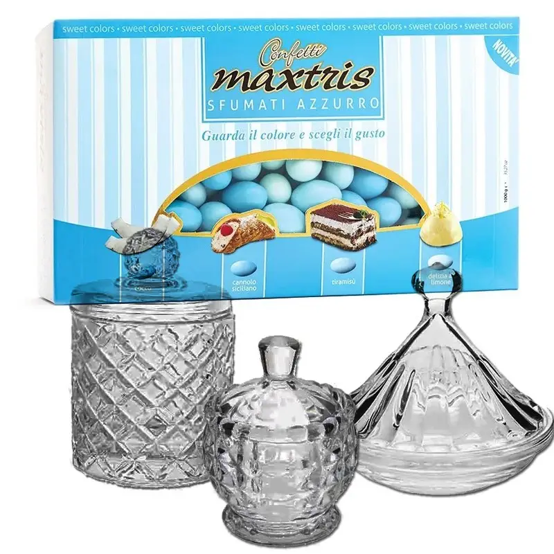 Confettata 3kg Maxtris Sfumati Celeste Per Nascita o Battesimo con portaconfetti in vetro