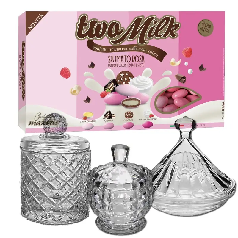Confettata 3kg Maxtris Two Milk Sfumati Rosa Per Nascita o Battesimo con portaconfetti in vetro