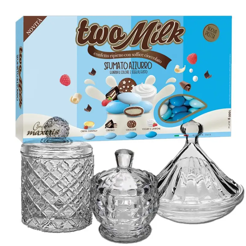 Confettata 3kg Maxtris Two Milk Sfumati Celeste Per Nascita o Battesimo con portaconfetti in vetro