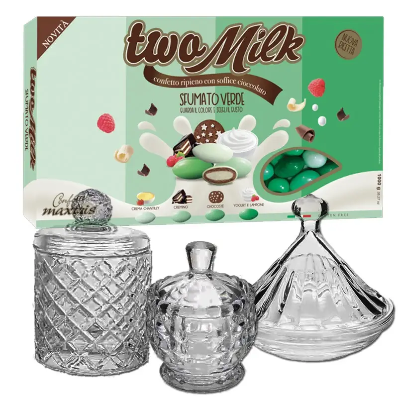 Confettata 3kg Maxtris Two Milk Sfumati Verde Per Promessa con portaconfetti in vetro