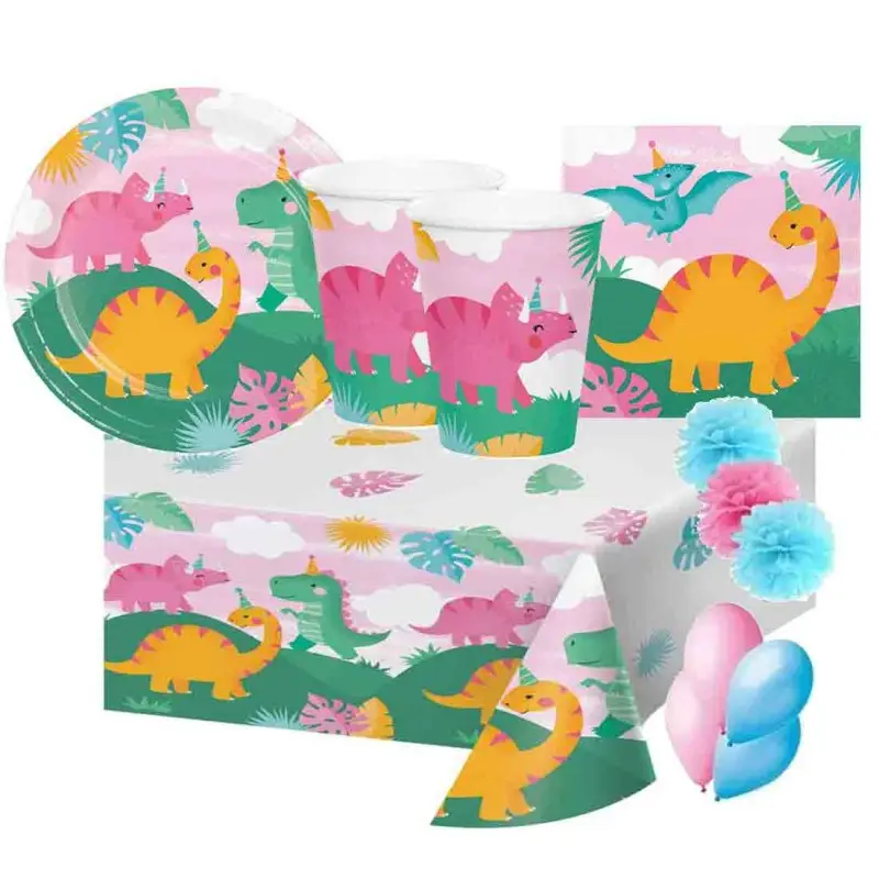 kit 8 persone girl dino party dinosauro con palloncini e fluffy