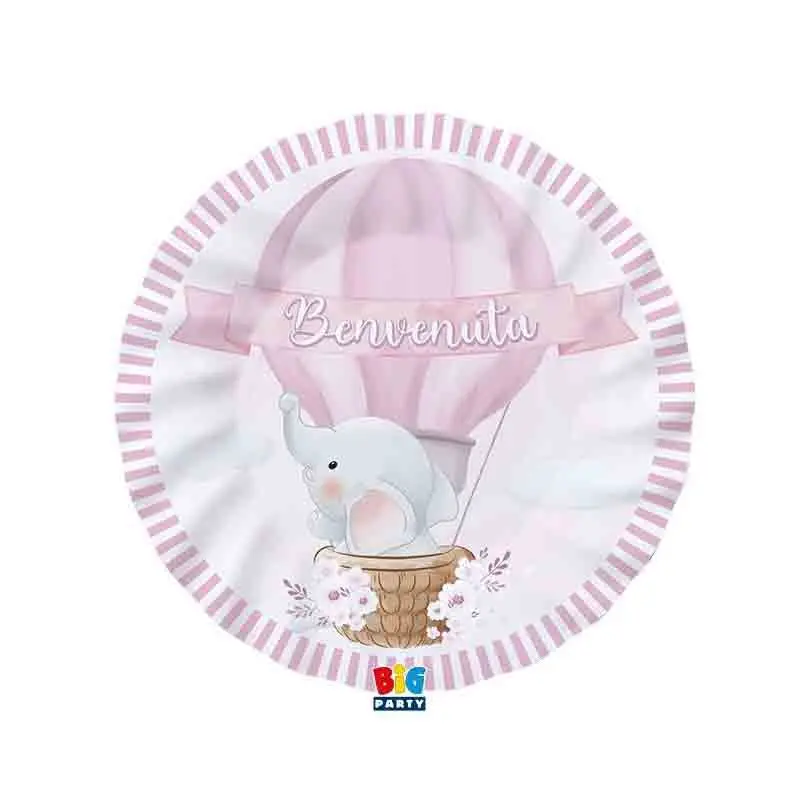 Kit 40 persone benvenuta elefantino rosa con ghirlanda e bandierine