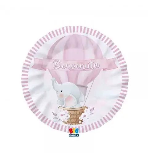 Kit 40 persone benvenuta elefantino rosa con ghirlanda e bandierine