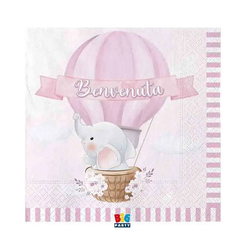Kit 40 persone benvenuta elefantino rosa con ghirlanda e bandierine