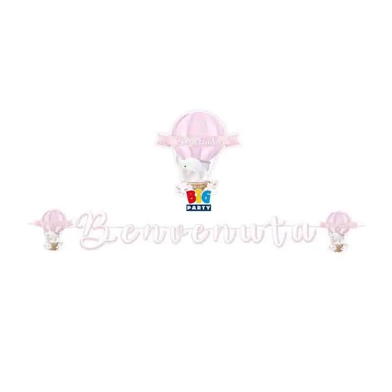 Kit 40 persone benvenuta elefantino rosa con ghirlanda e bandierine
