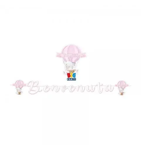 Kit 40 persone benvenuta elefantino rosa con ghirlanda e bandierine