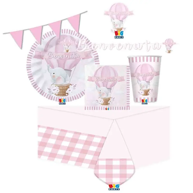 Kit 40 persone benvenuta elefantino rosa con ghirlanda e bandierine