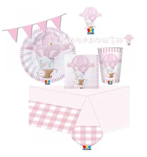 Kit 40 persone benvenuta elefantino rosa con ghirlanda e bandierine