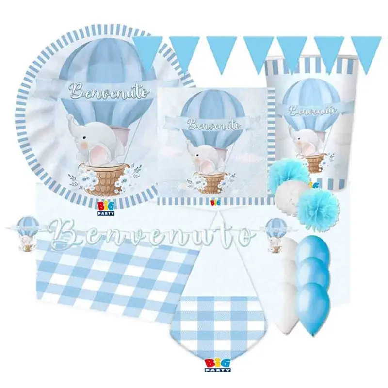 Kit nascita 32 persone benvenuto elefantino celeste completo