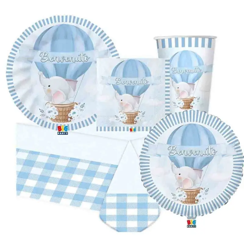 Kit nascita 16 persone benvenuto elefantino celeste con palloncino foil