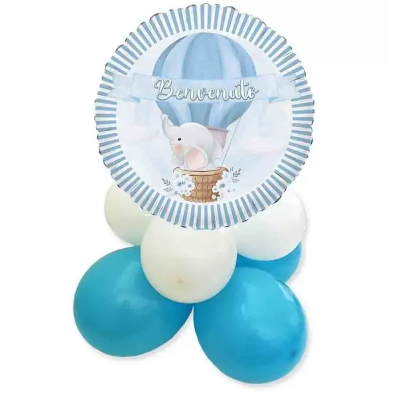 Centrotavola palloncini nascita benvenuto elefantino celeste