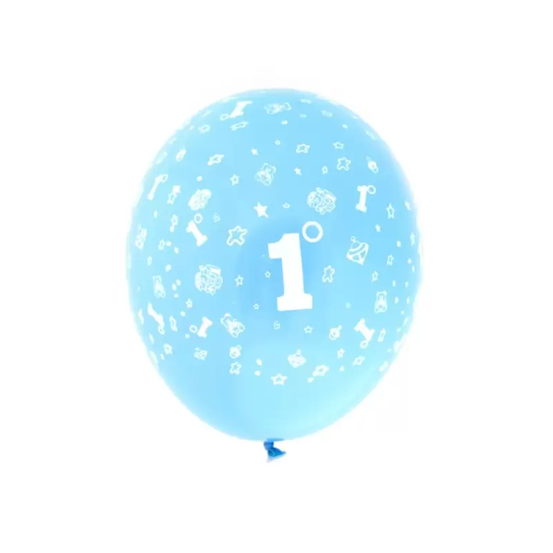 50 PALLONCINI MEDIUM CELESTE "1" IN LATTICE PRIMO COMPLEANNI BIMBO TRENINO ORSO