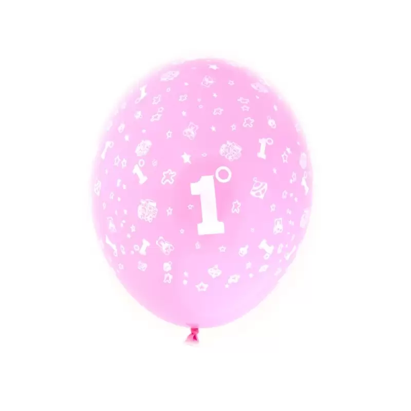50 PALLONCINI IN LATTICE ROSA MEDIUM " 1 " CON STAMPA ORSACCHIOTTO TROTTOLA 
