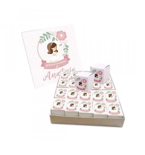 Set scatoline portaconfetti cubetto Prima Comunione Bimba 20pz con Scatola Box Personalizzabile