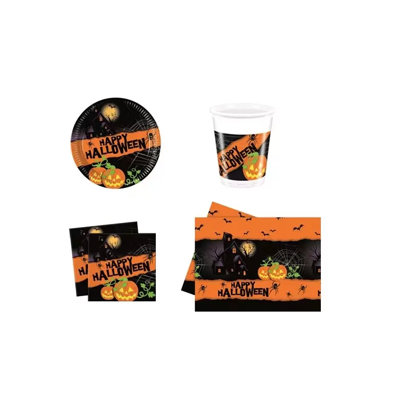KIT N3 COORDINATO TAVOLA HAPPY HALLOWEEN SET TAVOLA FESTA PARTY RAGNI ZUCCA 