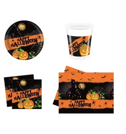 KIT N3 COORDINATO TAVOLA HAPPY HALLOWEEN SET TAVOLA FESTA PARTY RAGNI ZUCCA 