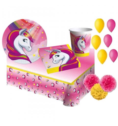 Kit compleanno per 8 persone a tema Unicorno con palloncini e fluffy