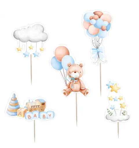 Cake Topper Picks Orsetto Celeste con Palloncini - 5pz
