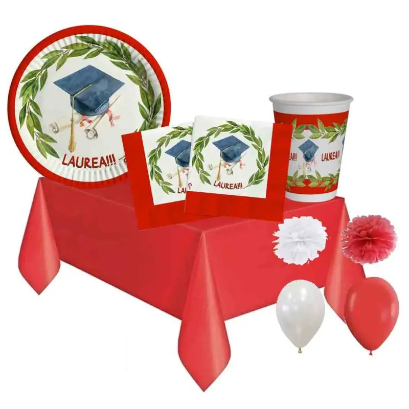 Kit 8 persone per festa di laurea in carta compostabile con fluffy e palloncini
