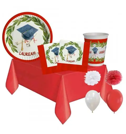 Kit 8 persone per festa di laurea in carta compostabile con fluffy e palloncini
