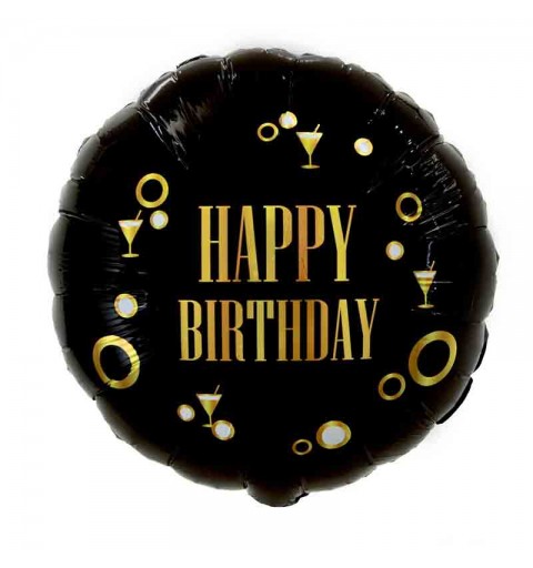 Palloncino foil Happy Birthday nero oro 18 43 cm  FG-OHBK