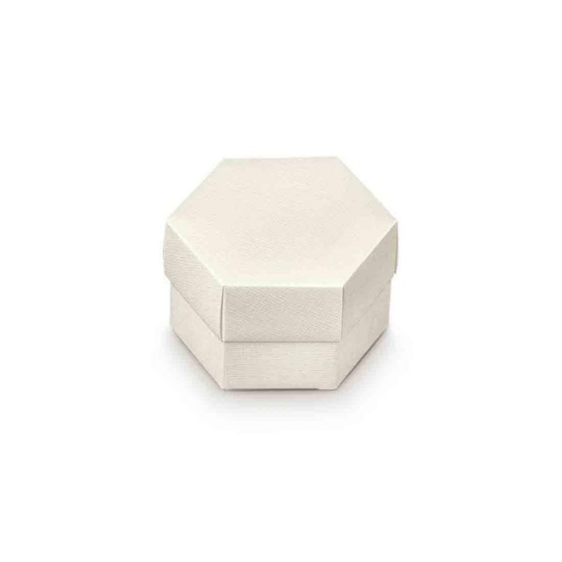 Scatolina portaconfetti esagonale seta bianco con divisiorio e coperchio 80 x 55 mm 12918