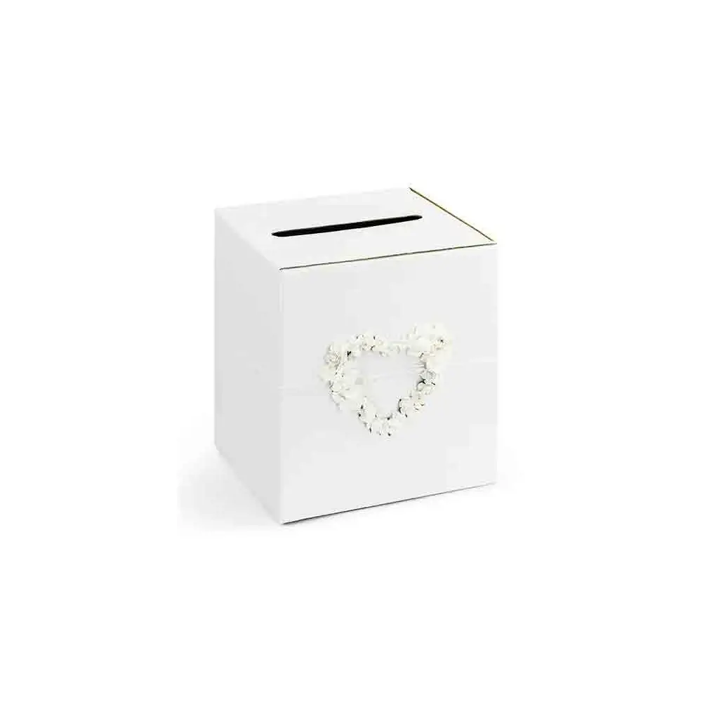 card box matrimonio 24 x 24 x 24 cm in cartoncino bianco perlato con fiori a forma di cuore crema PUDTM4
