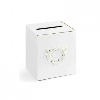 card box matrimonio 24 x 24 x 24 cm in cartoncino bianco perlato con fiori a forma di cuore crema PUDTM4