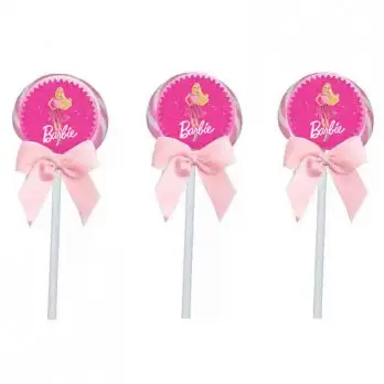 Lecca lecca Barbie rosa con adesivi - 12 PZ