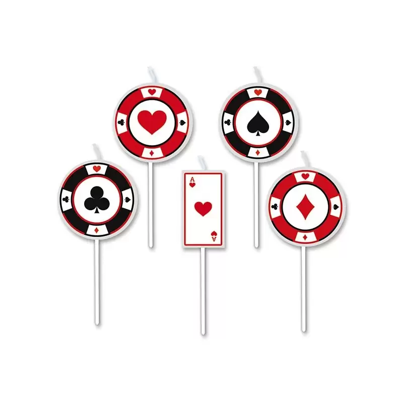 4 CANDELINE IN CERA TEMA POKER CARTE DA GIOCO DECORAZIONE TORTA COMPLEANNO