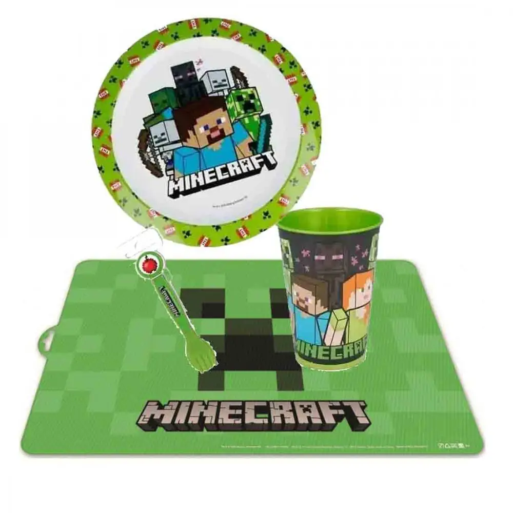 SET MERENDA MINECRAFT PIATTO BICCHIERE POSATE E TOVAGLIETTA