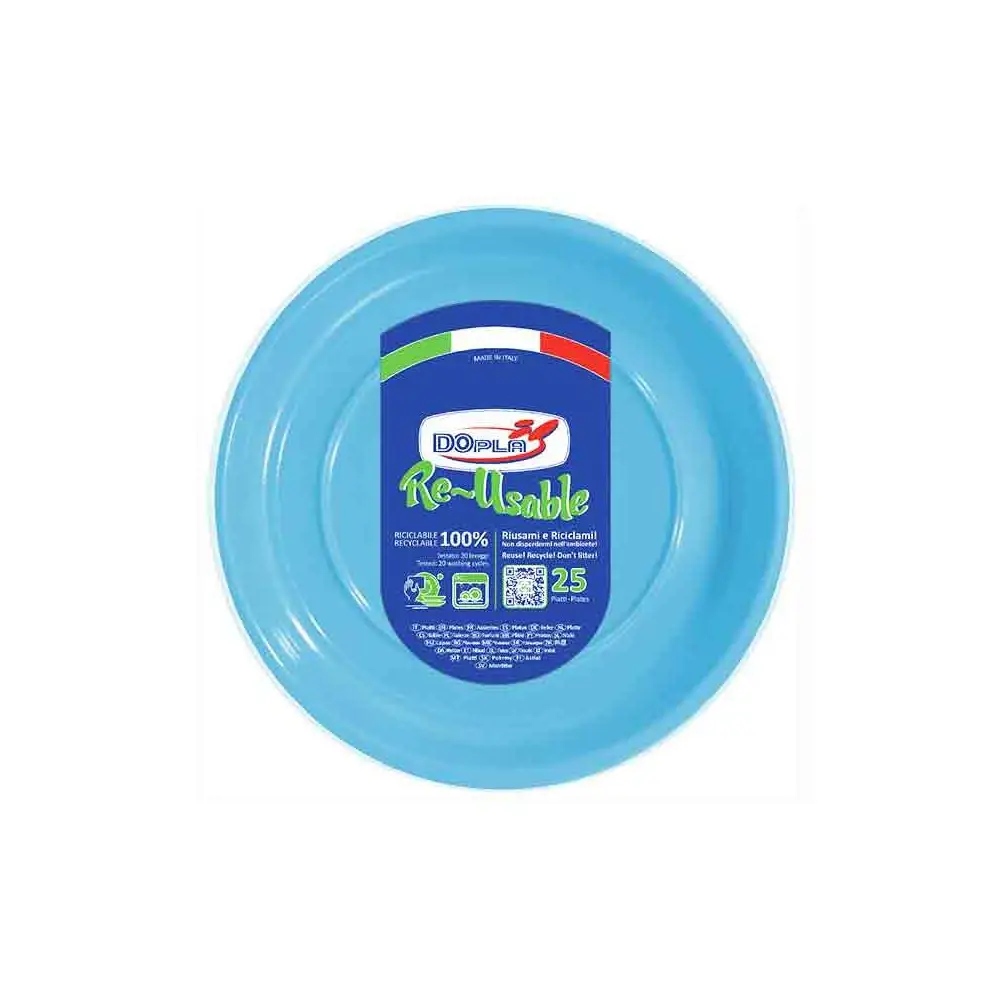 25 Piatti piani in plastica riutilizzabili 22 cm celeste