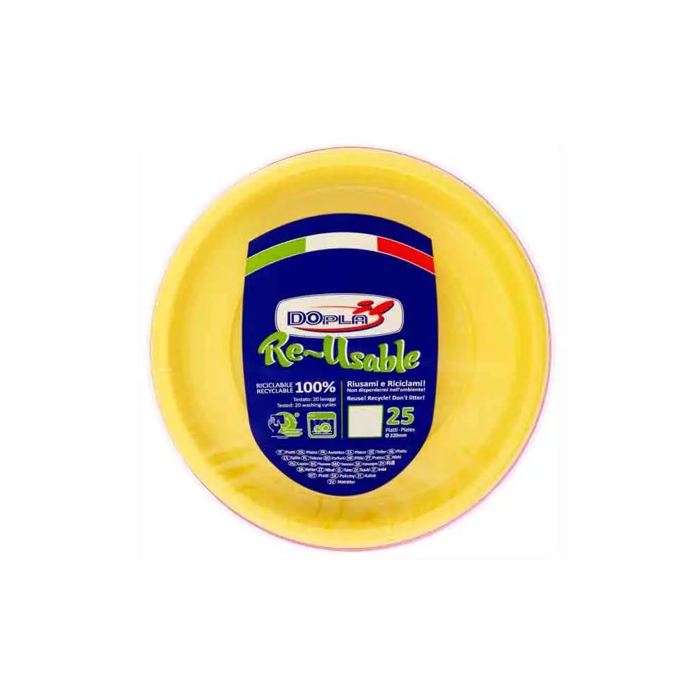 25 Piatti piani in plastica riutilizzabili 22 cm giallo