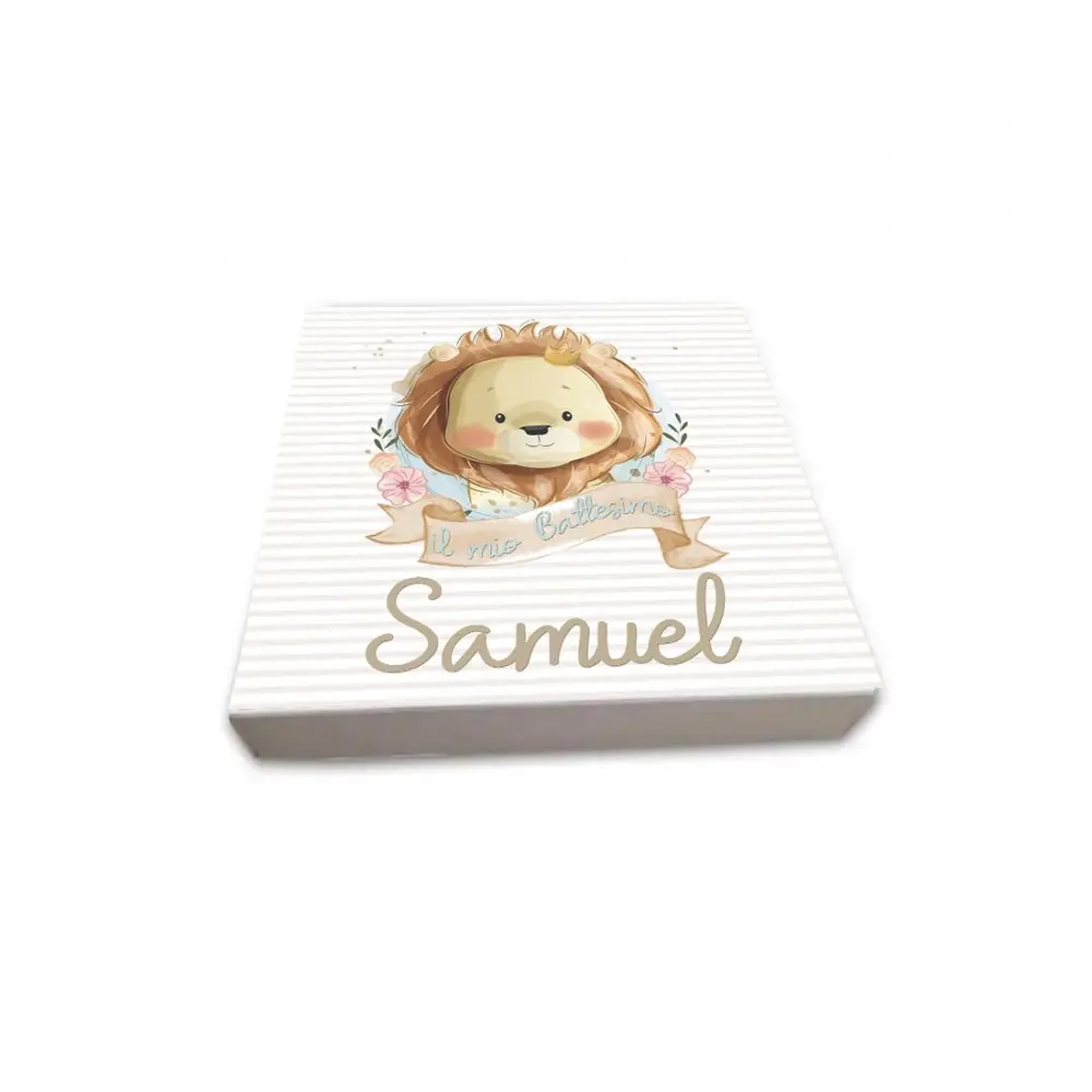 Set scatoline portaconfetti cubetto 20pz con Scatola Battesimo Leoncino - Personalizzabile