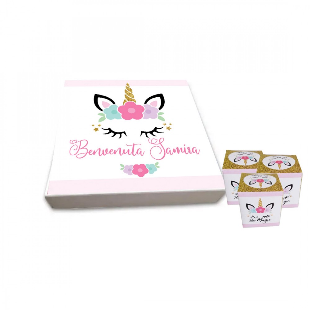 Set scatoline portaconfetti cubetto 20pz con Scatola Unicorno Magico - Personalizzabile