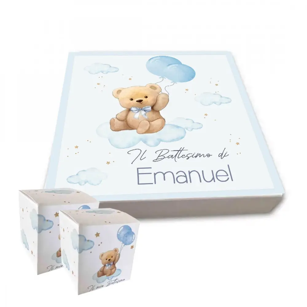 Set scatoline portaconfetti cubetto 20pz con Scatola Battesimo Teddy Celeste - Personalizzabile