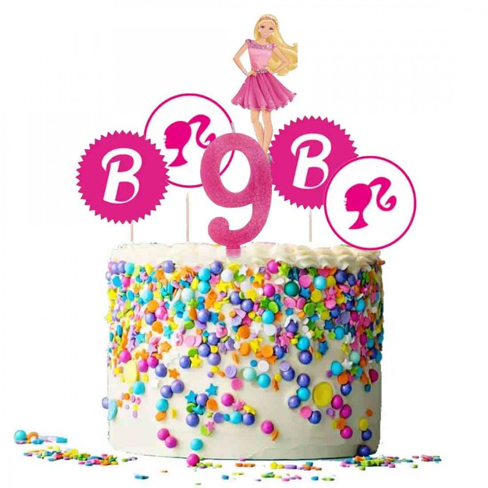 Set per Decorazione Torta Barbie con 5 Topper Picks e Candelina Numerale