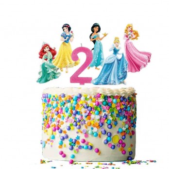 Set per Decorazione Torta Principesse Disney con 5 Topper Picks e Candelina Numerale
