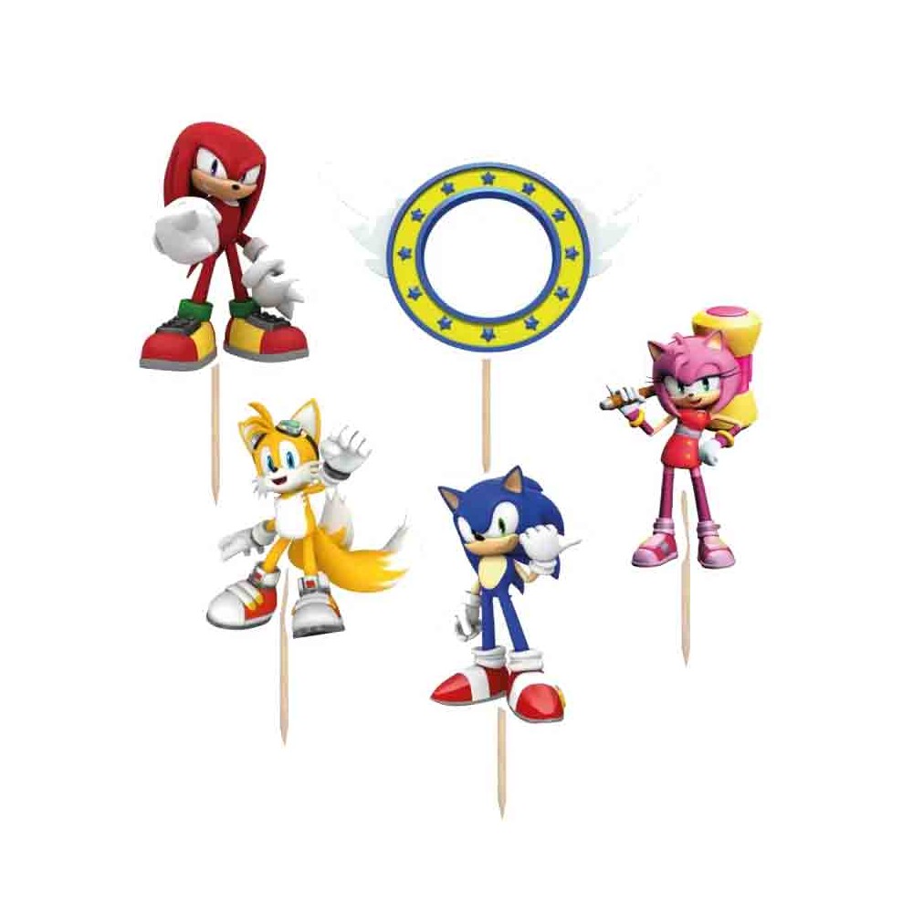 Set per Decorazione Torta Sonic con 5 Topper Picks e Candelina Numerale