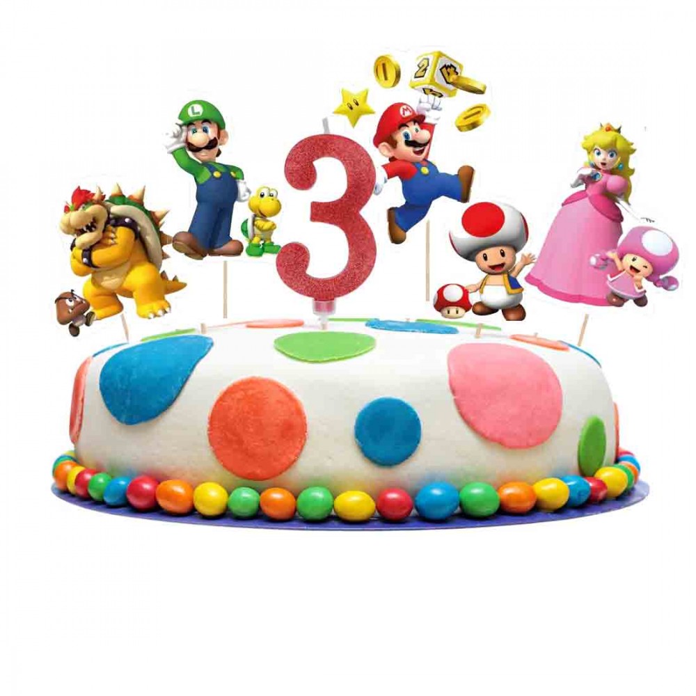 Set per Decorazione Torta Super Mario con 5 Topper Picks e Candelina Numerale