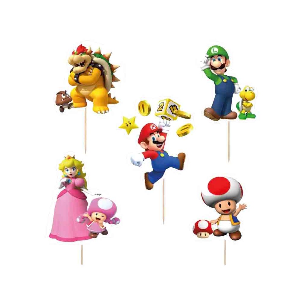 Set per Decorazione Torta Super Mario con 5 Topper Picks e Candelina  Numerale