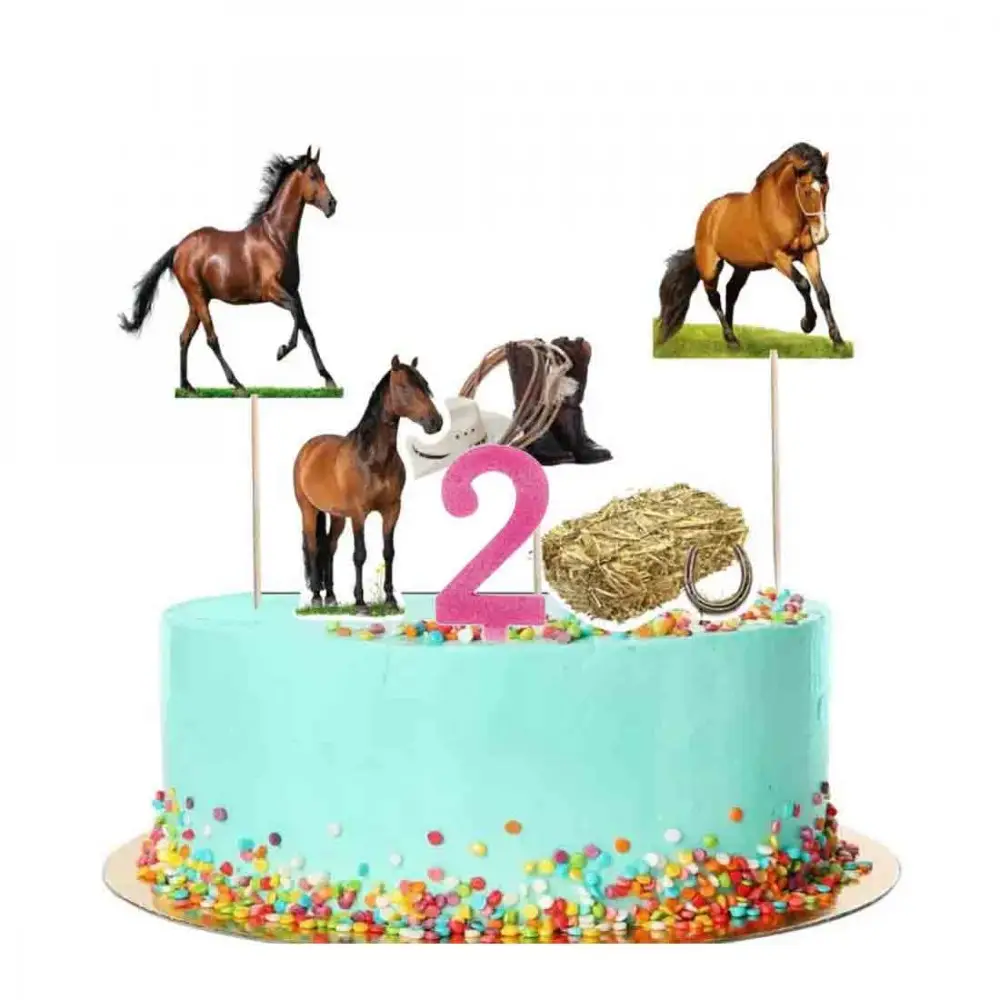 Set per Decorazione Torta Cavalli con 5 Topper Picks e Candelina Numerale