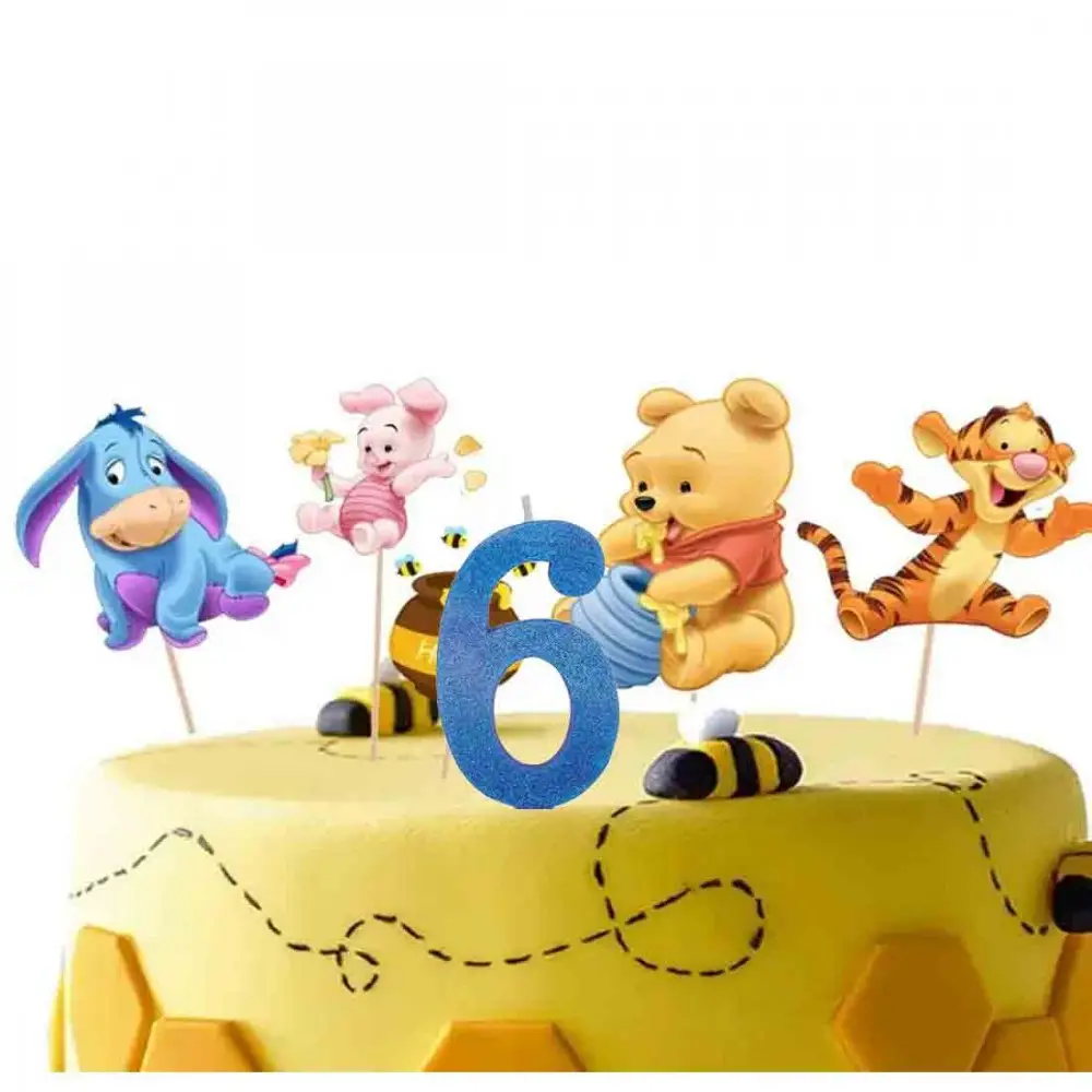 Set per Decorazione Torta Winnie the pooh con 5 Topper Picks e Candelina Numerale