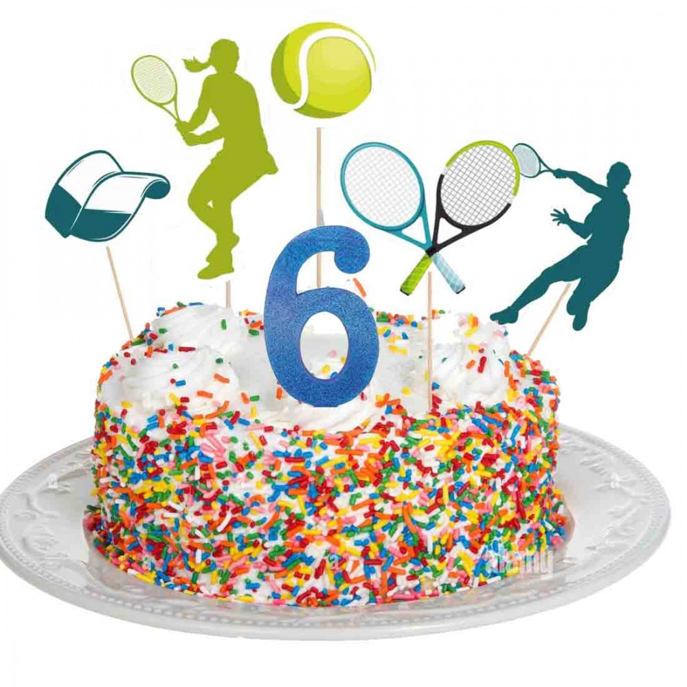 Set per Decorazione Torta Tennis con 5 Topper Picks e Candelina Numerale