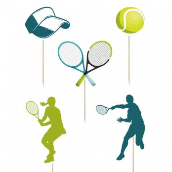 Set per Decorazione Torta Tennis con 5 Topper Picks e Candelina Numerale