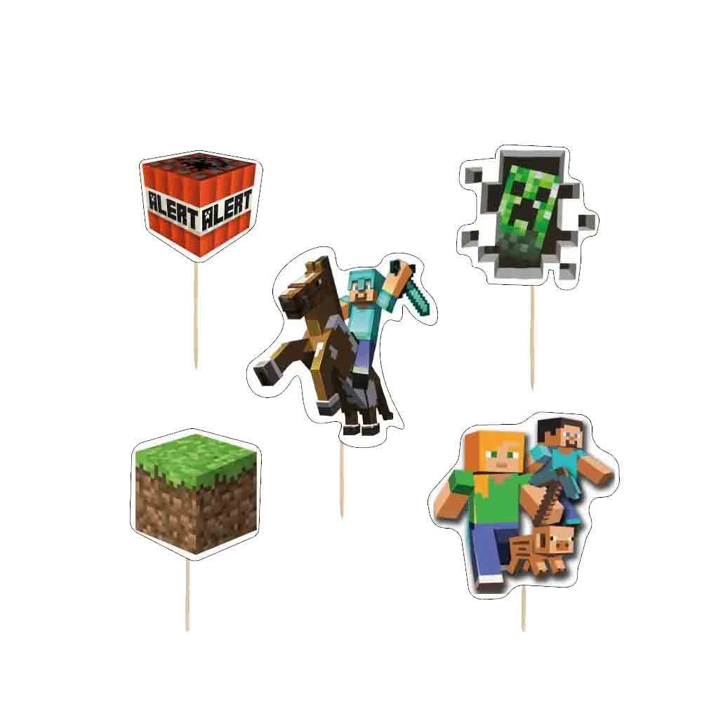 Set per Decorazione Torta Minecraft con 5 Topper Picks e Candelina Numerale