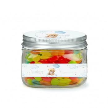 Barattolini Nascita Teddy Celeste con caramelle jelly Beans - 10 PZ