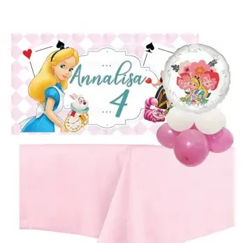 Set allestimento tavola torta Alice nel paese delle meraviglie con Banner Personalizzabile